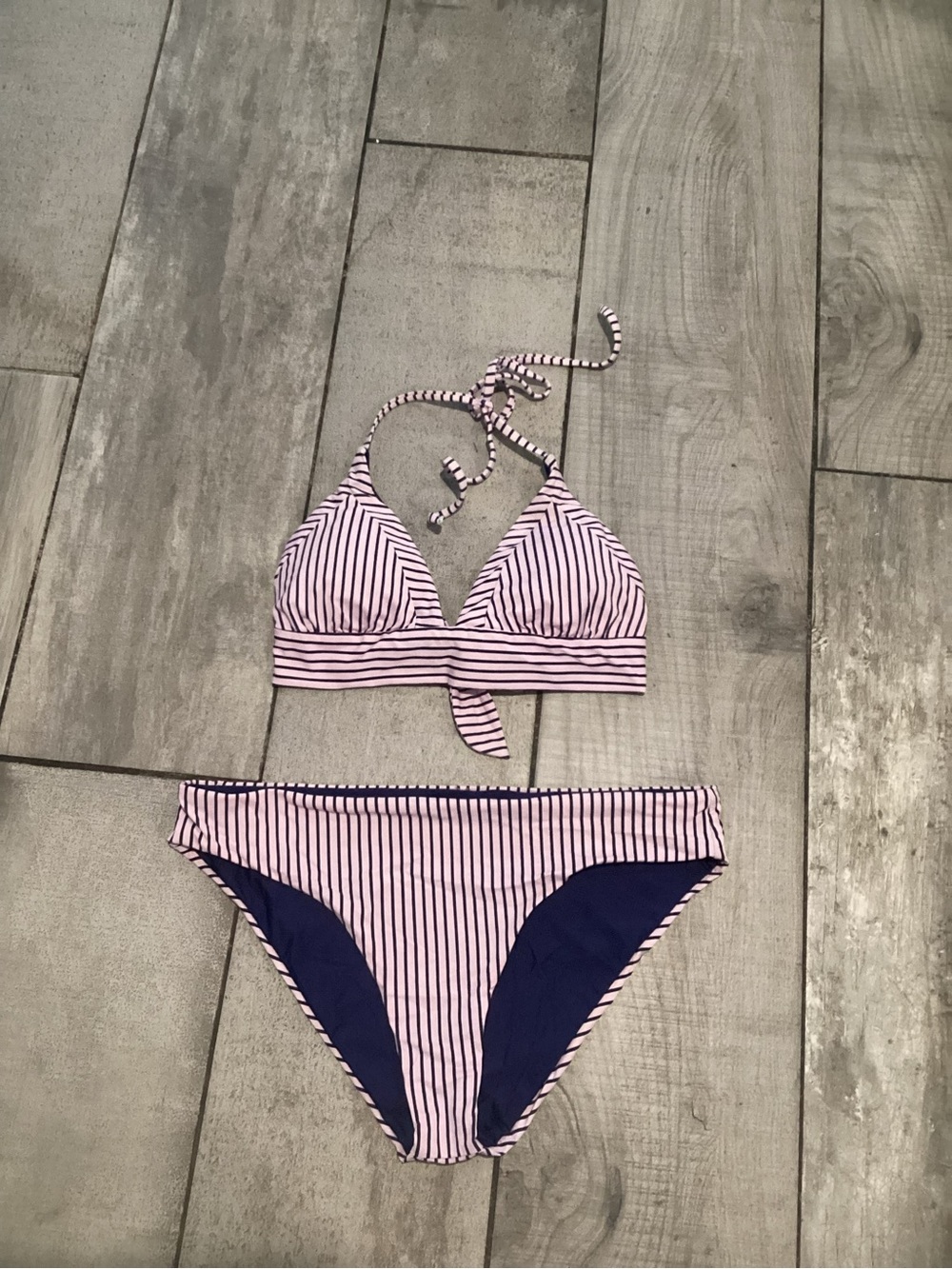 Source Unknown Pink & Navy Striped Bikini Set Size M